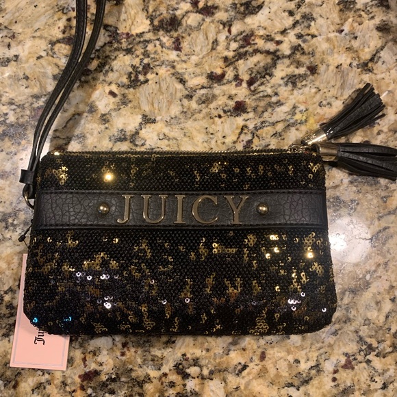 NWT Juicy Couture Gold and Black Sequin Double Zipper Wristlet Clutch - Picture 5 of 6